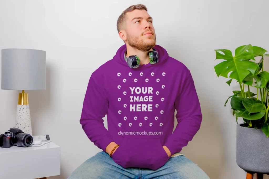 Man Wearing Purple Hoodie Mockup Front View Template