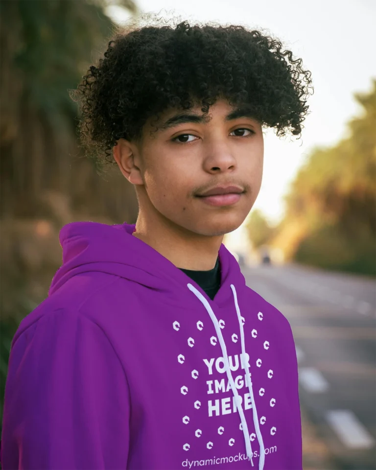 Man Wearing Purple Hoodie Mockup Front View Template