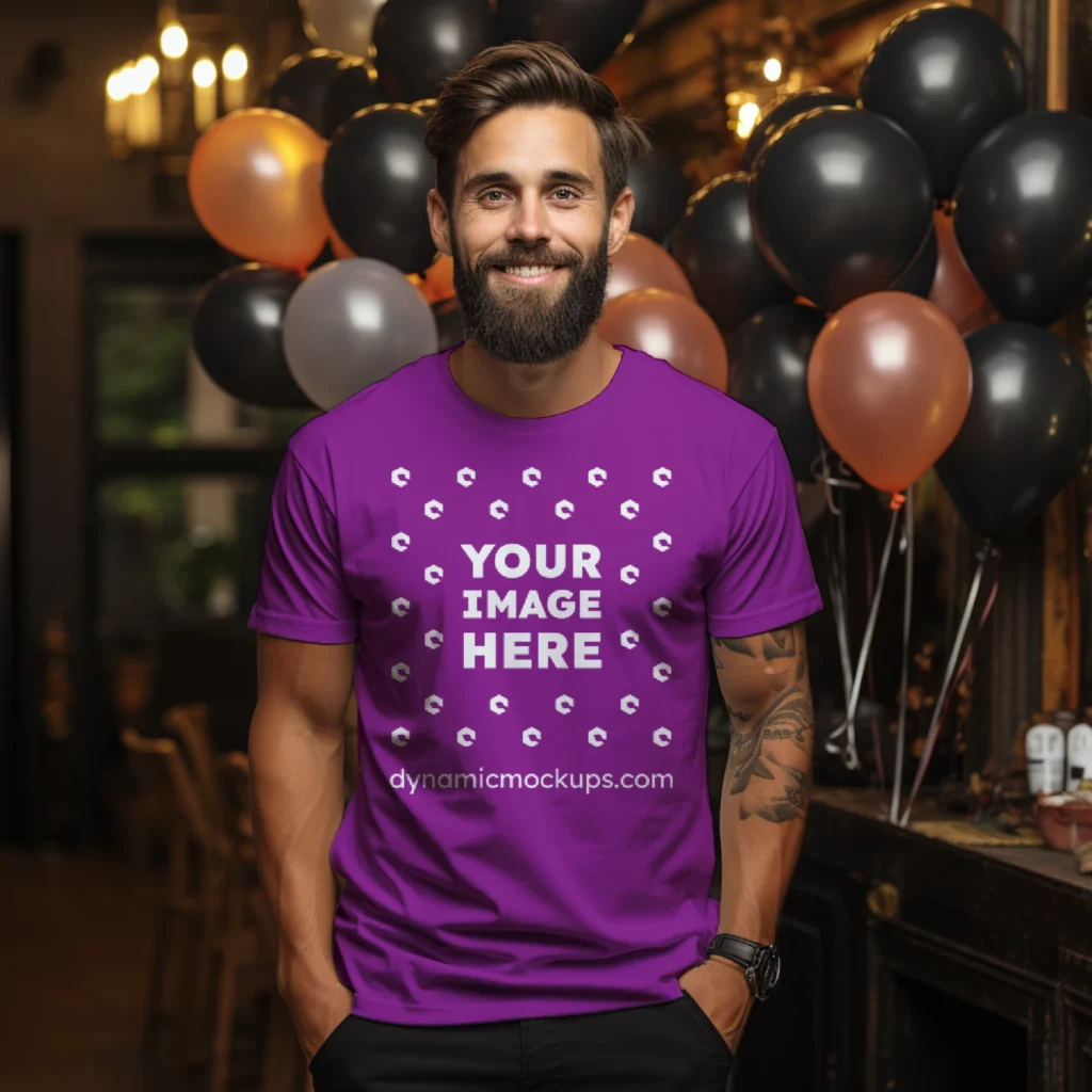 Man Wearing Purple T-shirt Mockup Front View Template