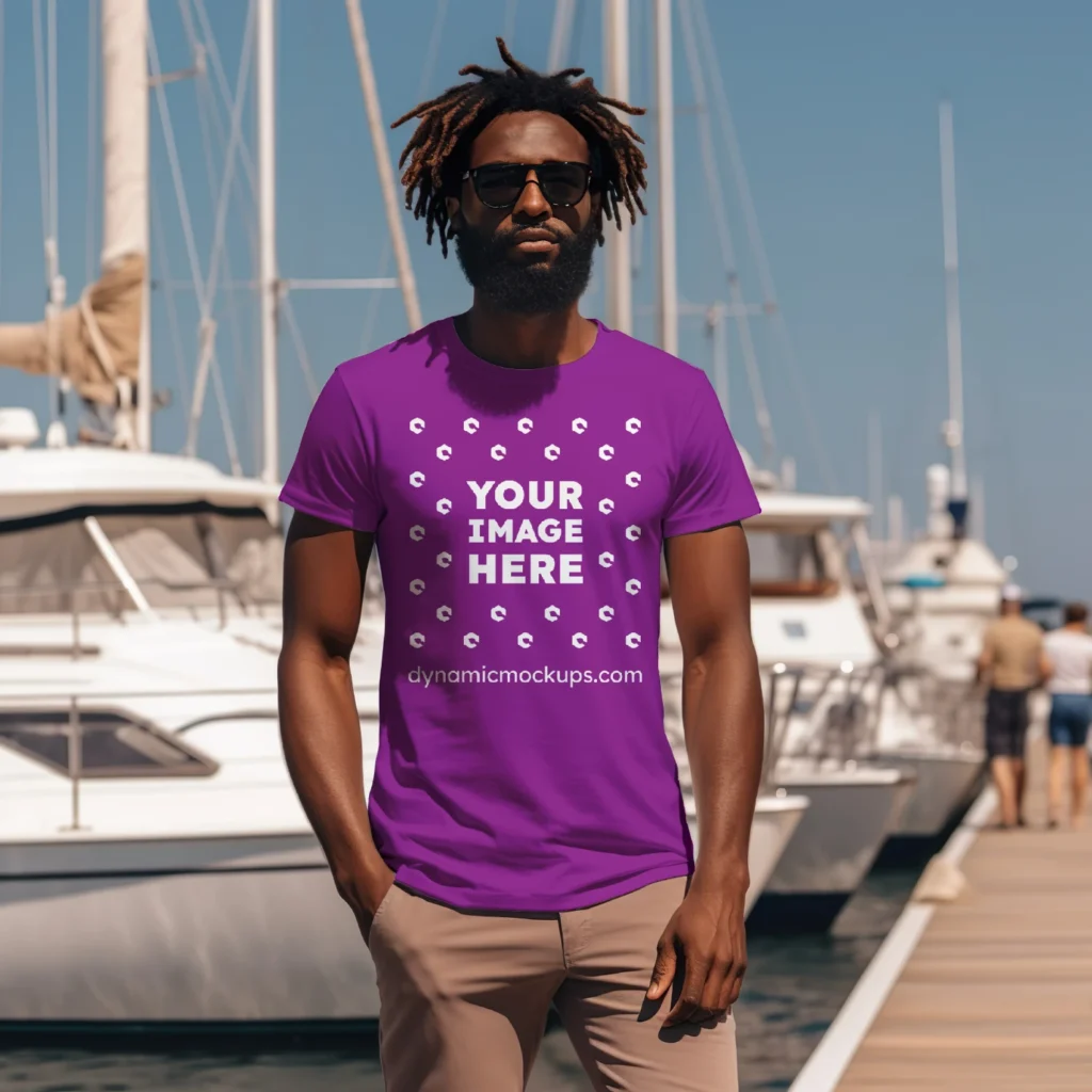 Man Wearing Purple T-shirt Mockup Front View Template