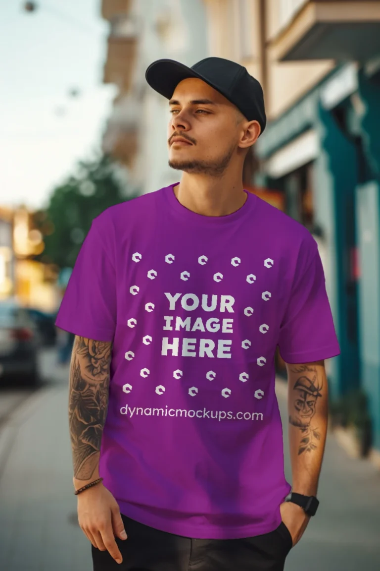 Man Wearing Purple T-shirt Mockup Front View Template