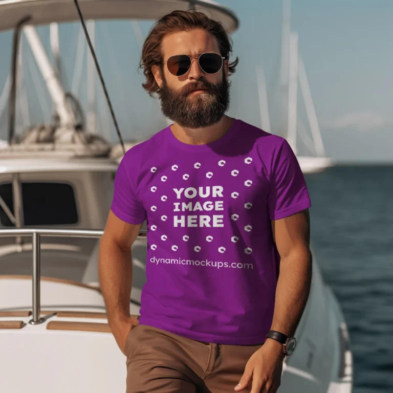 Man Wearing Purple T-shirt Mockup Front View Template