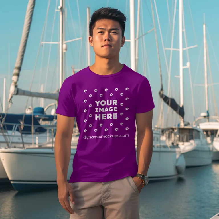 Man Wearing Purple T-shirt Mockup Front View Template