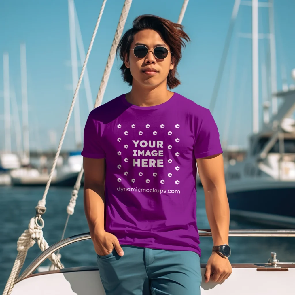 Man Wearing Purple T-shirt Mockup Front View Template