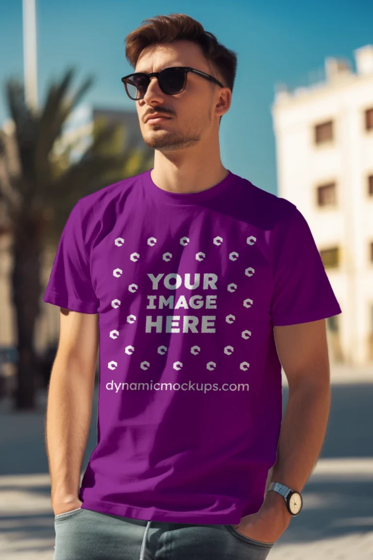 Man Wearing Purple T-shirt Mockup Front View Template