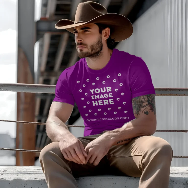 Man Wearing Purple T-shirt Mockup Front View Template