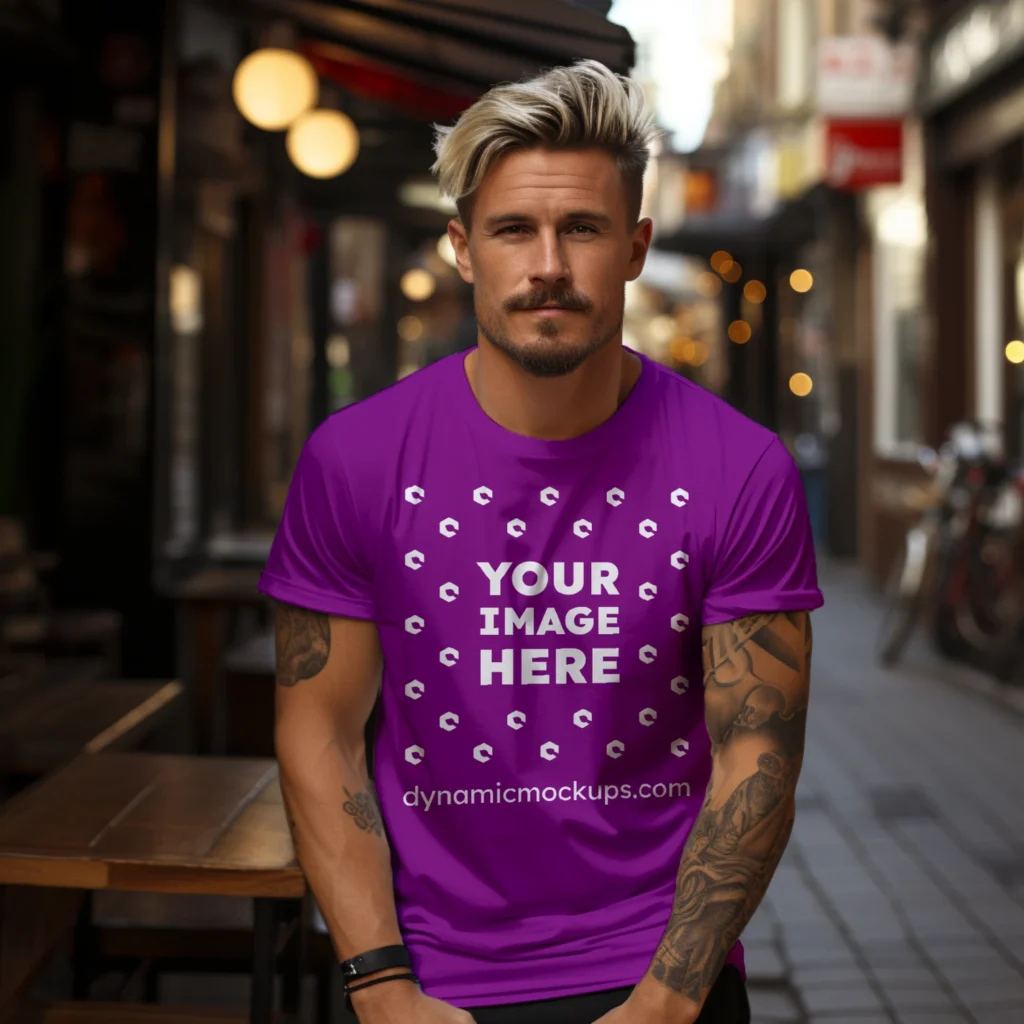 Man Wearing Purple T-shirt Mockup Front View Template