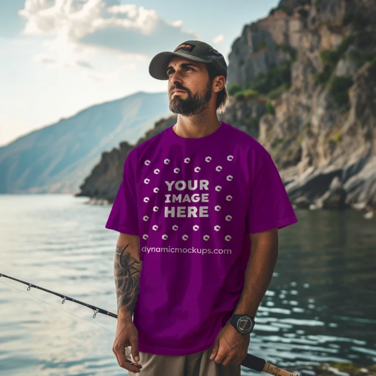 Man Wearing Purple T-shirt Mockup Front View Template