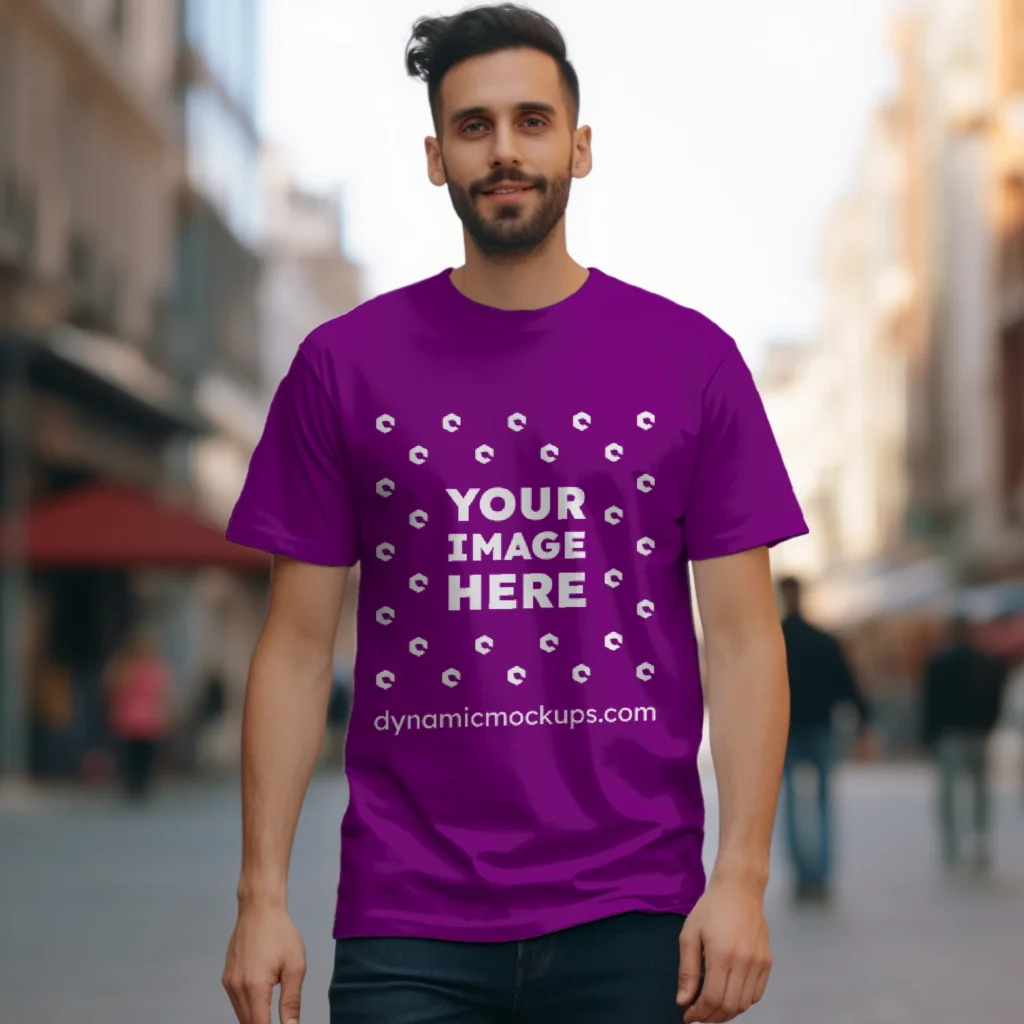 Man Wearing Purple T-shirt Mockup Front View Template