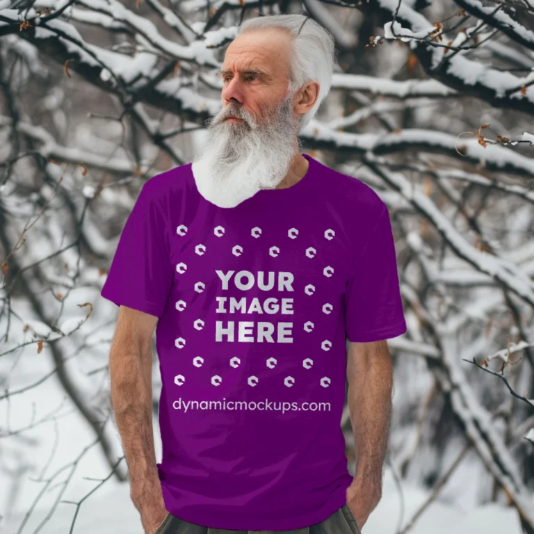 Man Wearing Purple T-shirt Mockup Front View Template