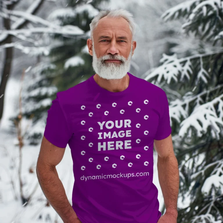 Man Wearing Purple T-shirt Mockup Front View Template