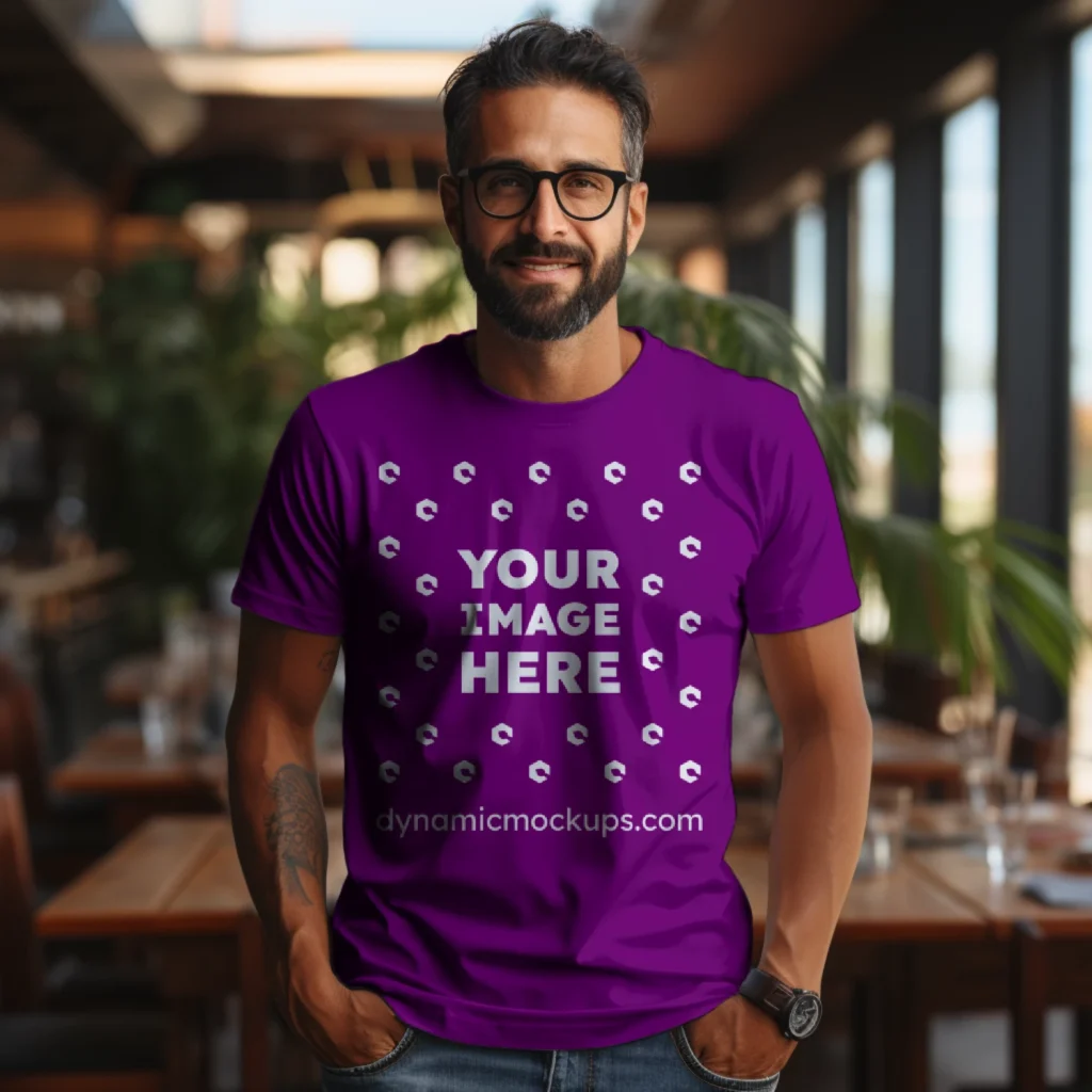 Man Wearing Purple T-shirt Mockup Front View Template