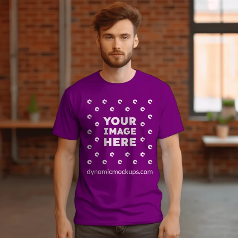 Man Wearing Purple T-shirt Mockup Front View Template