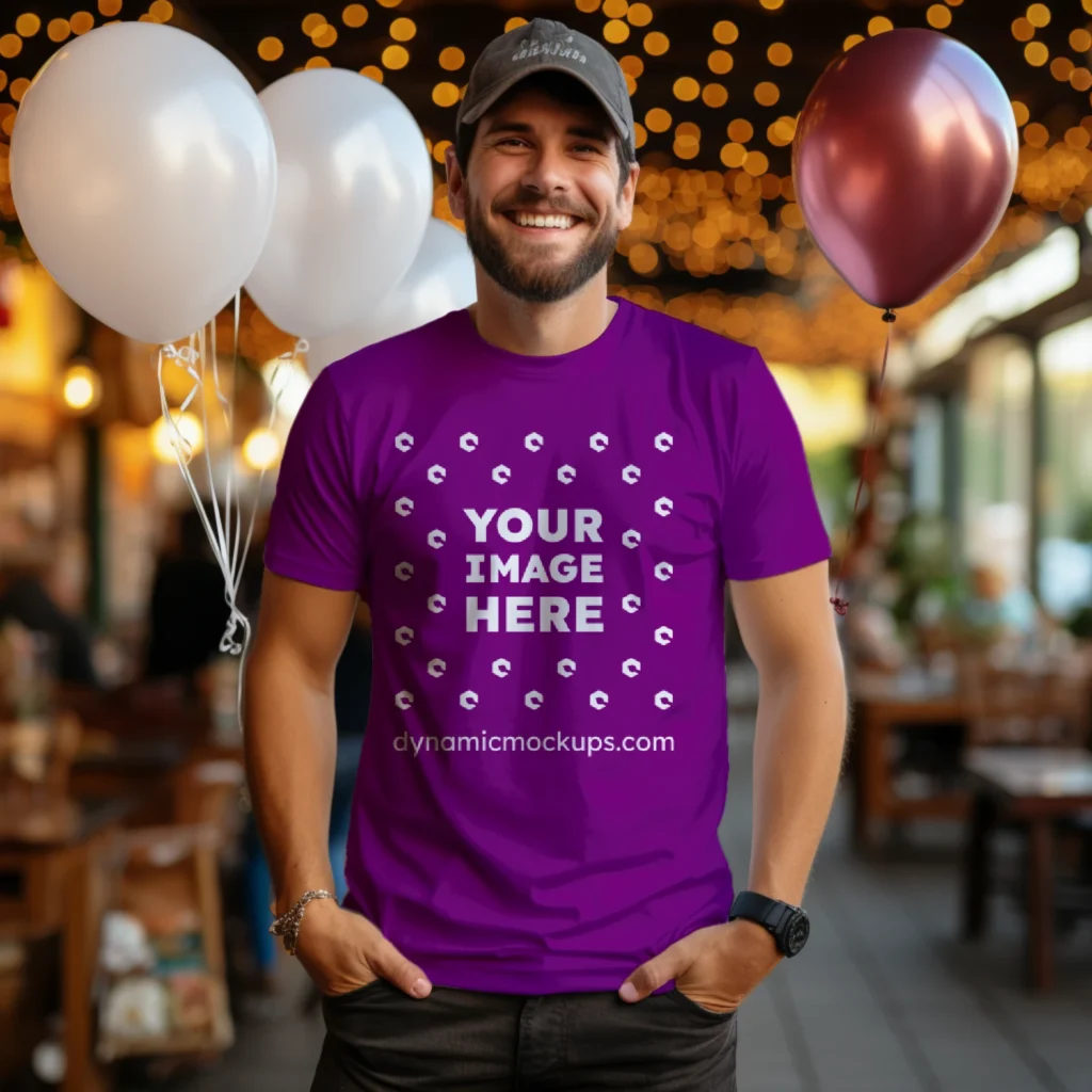 Man Wearing Purple T-shirt Mockup Front View Template