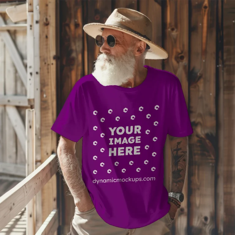 Man Wearing Purple T-shirt Mockup Front View Template