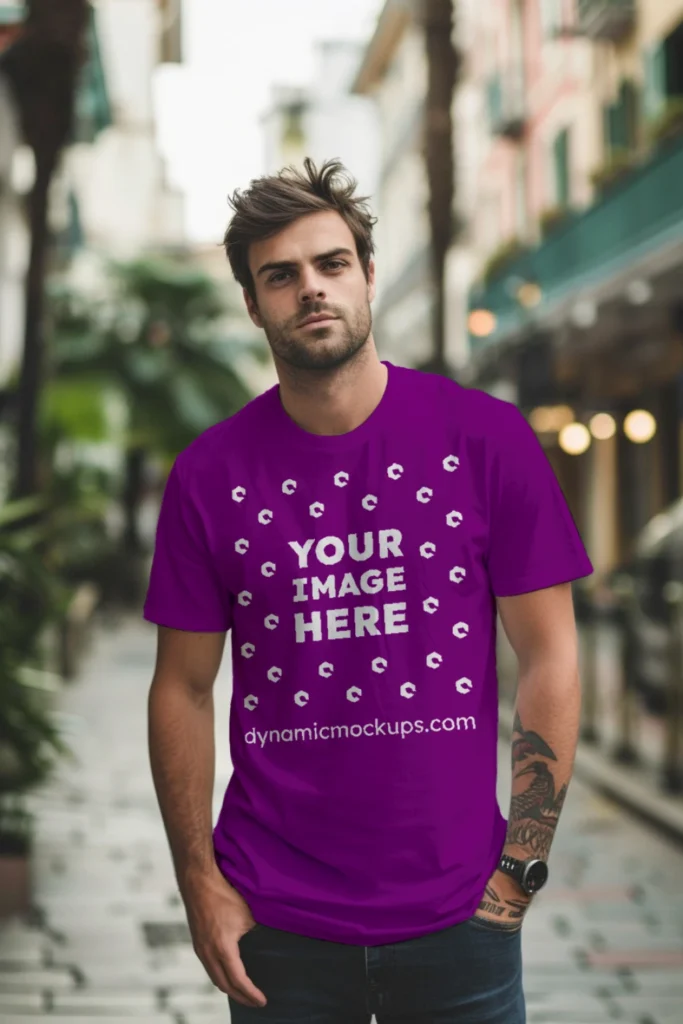 Man Wearing Purple T-shirt Mockup Front View Template