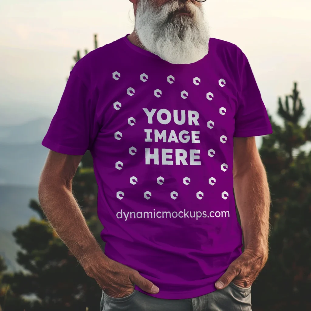 Man Wearing Purple T-shirt Mockup Front View Template