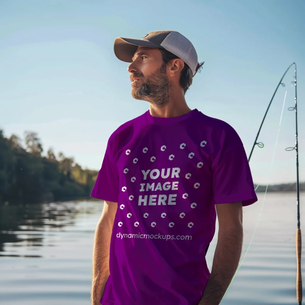 Man Wearing Purple T-shirt Mockup Front View Template