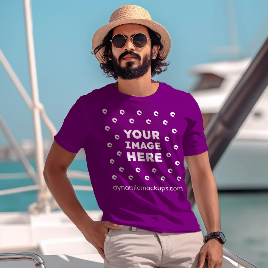 Man Wearing Purple T-shirt Mockup Front View Template