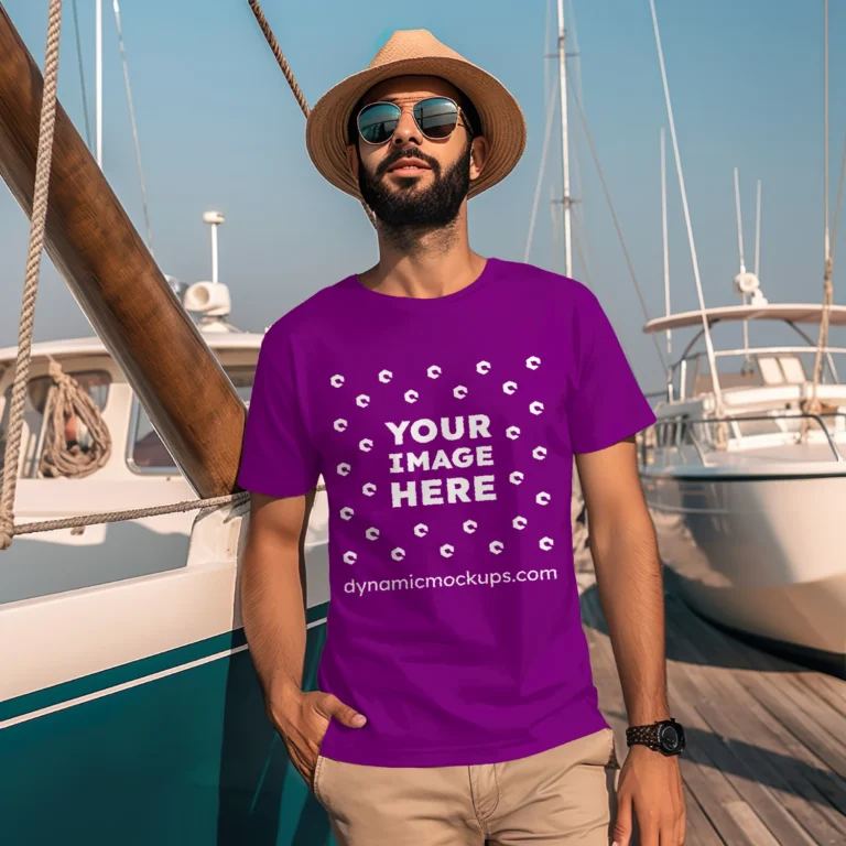 Man Wearing Purple T-shirt Mockup Front View Template