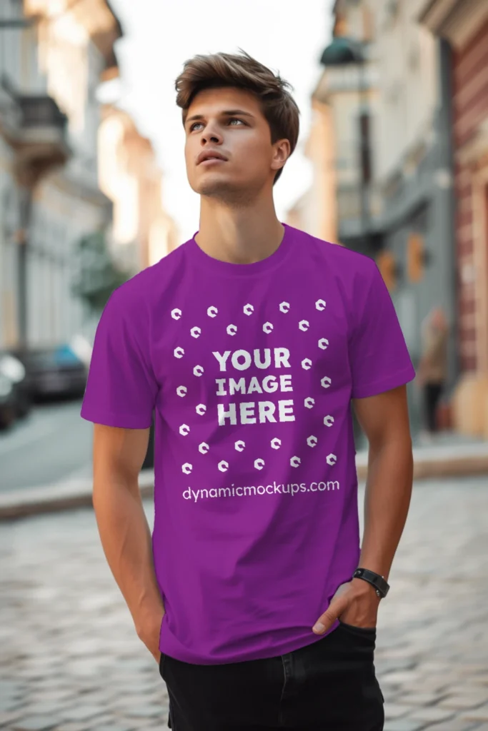 Man Wearing Purple T-shirt Mockup Front View Template