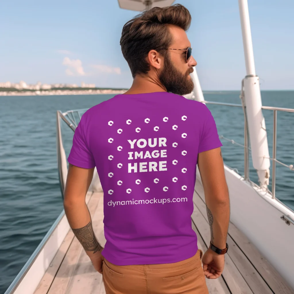 Man Wearing Purple T-shirt Mockup Back View Template