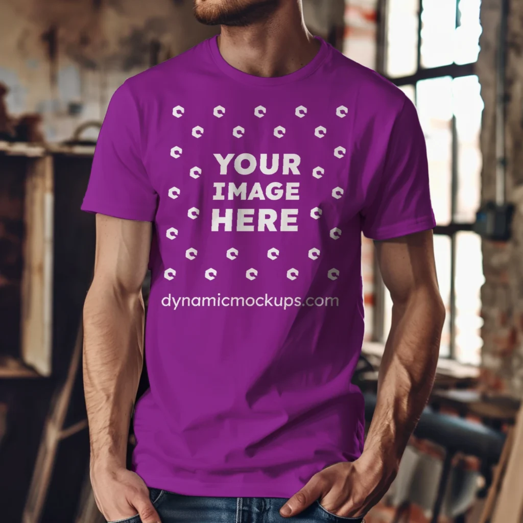 Man Wearing Purple T-shirt Mockup Front View Template