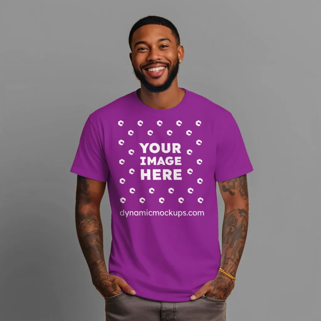 Man Wearing Purple T-shirt Mockup Front View Template