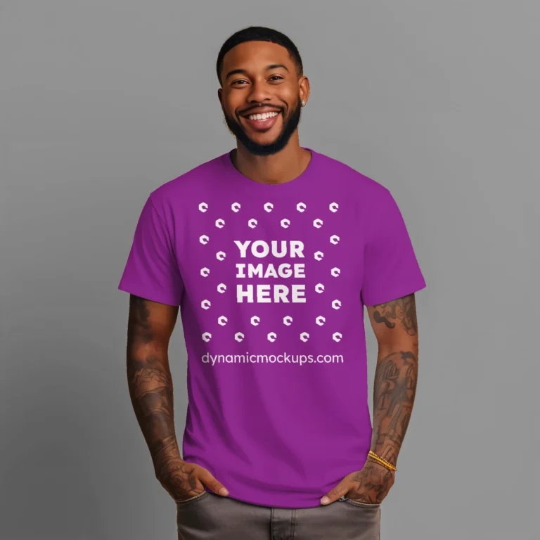 Man Wearing Purple T-shirt Mockup Front View Template