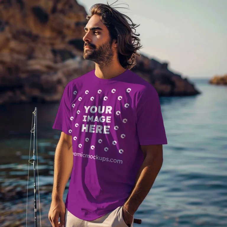 Man Wearing Purple T-shirt Mockup Front View Template