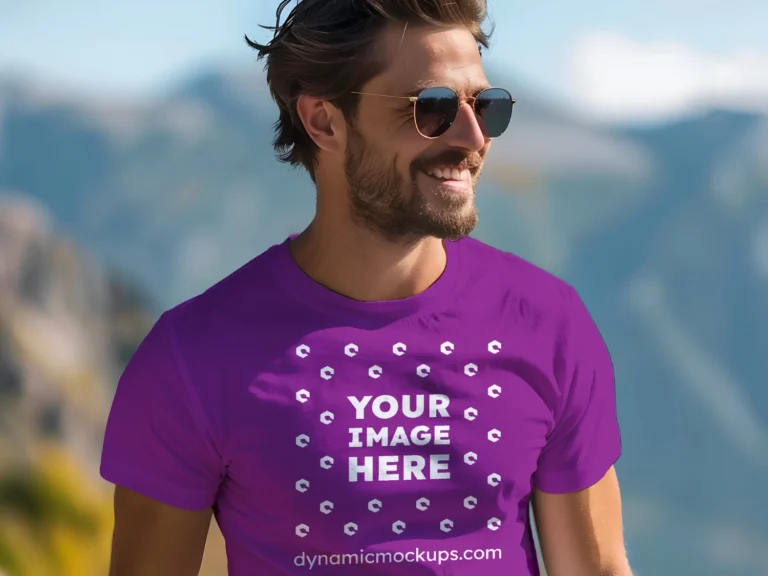 Man Wearing Purple T-shirt Mockup Front View Template