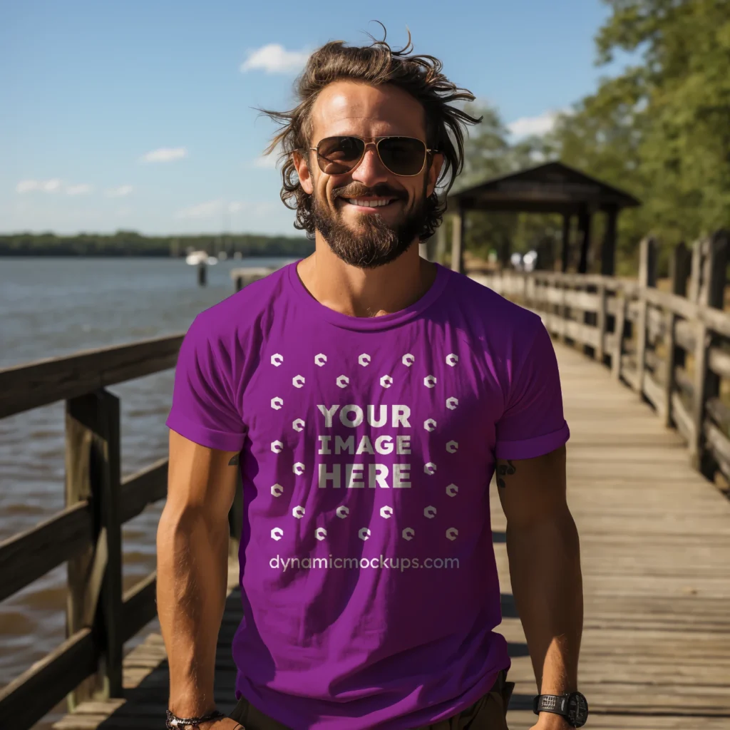 Man Wearing Purple T-shirt Mockup Front View Template