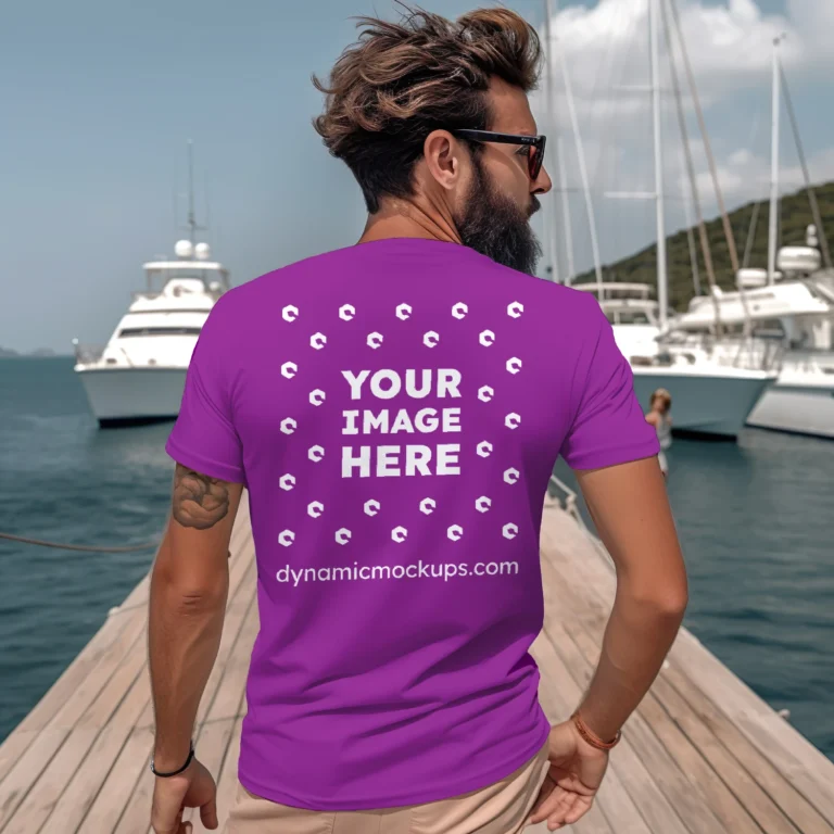 Man Wearing Purple T-shirt Mockup Back View Template