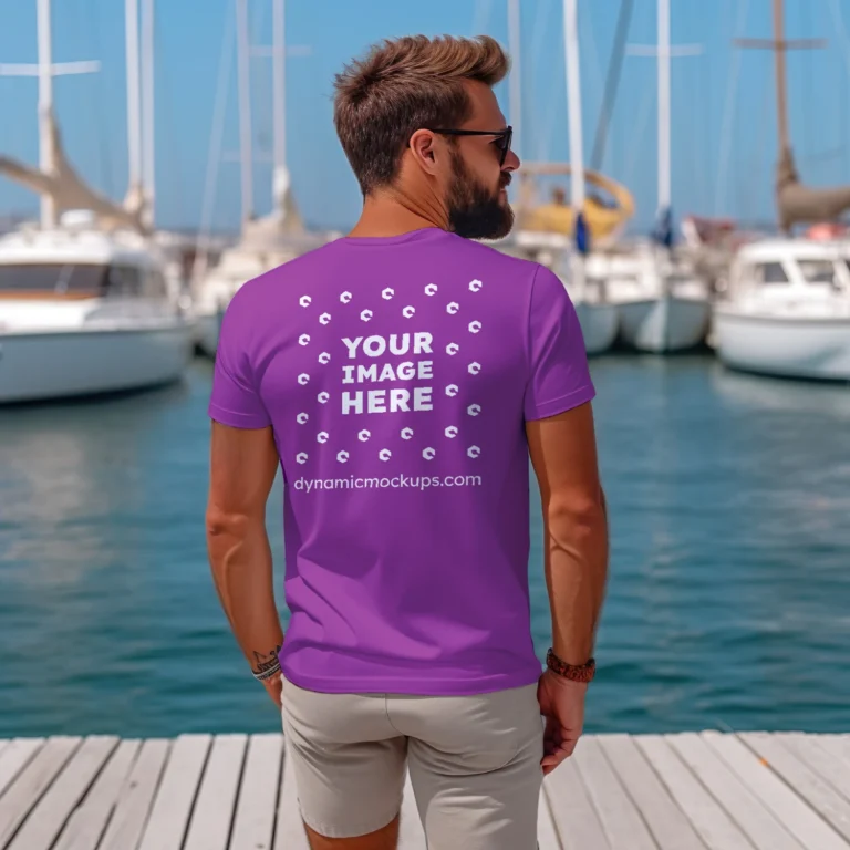 Man Wearing Purple T-shirt Mockup Back View Template