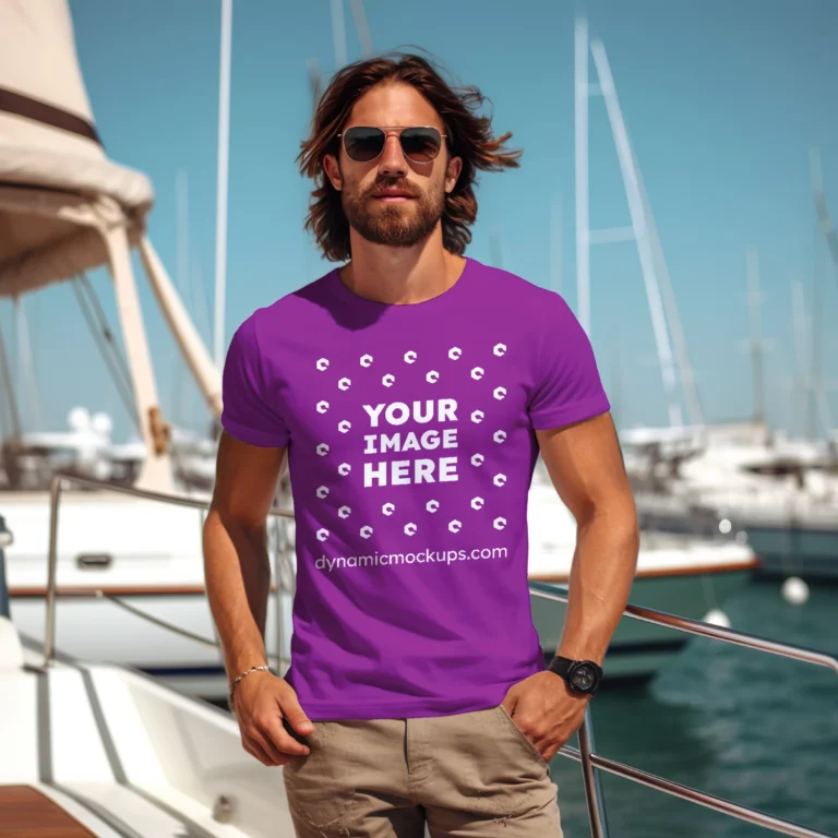 Man Wearing Purple T-shirt Mockup Front View Template