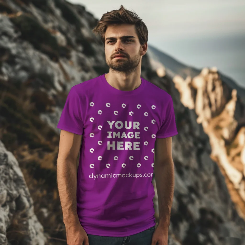 Man Wearing Purple T-shirt Mockup Front View Template