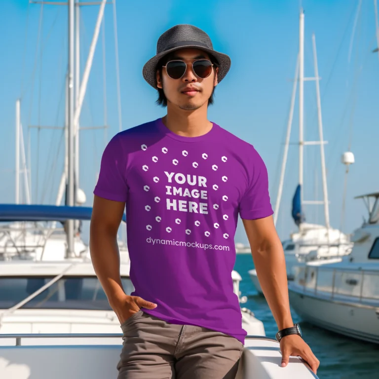 Man Wearing Purple T-shirt Mockup Front View Template