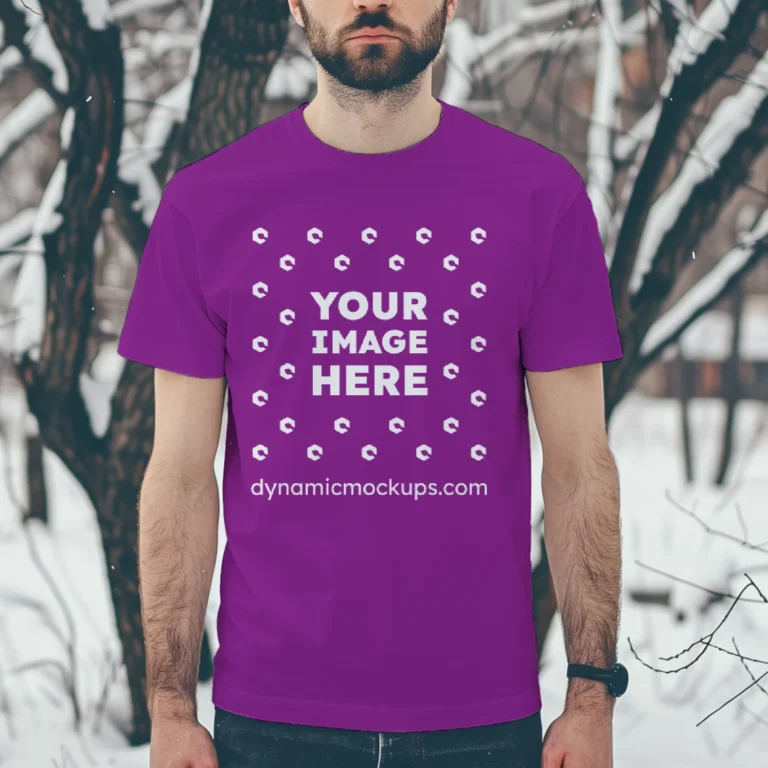 Man Wearing Purple T-shirt Mockup Front View Template