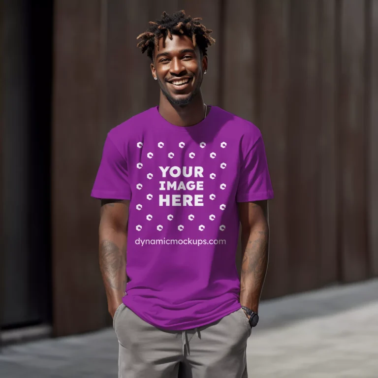 Man Wearing Purple T-shirt Mockup Front View Template