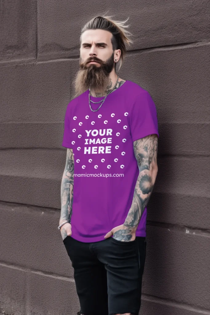 Man Wearing Purple T-shirt Mockup Front View Template