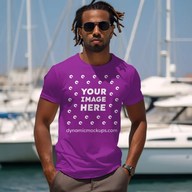 Man Wearing Purple T-shirt Mockup Front View Template