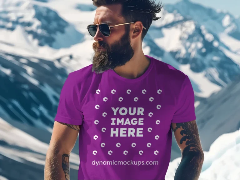 Man Wearing Purple T-shirt Mockup Front View Template