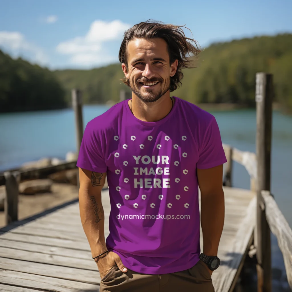 Man Wearing Purple T-shirt Mockup Front View Template