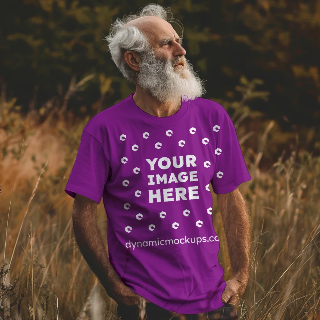 Man Wearing Purple T-shirt Mockup Front View Template