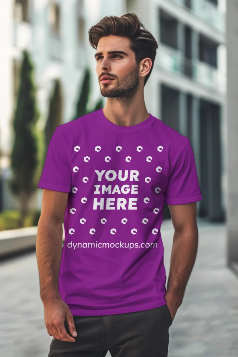 Man Wearing Purple T-shirt Mockup Front View Template