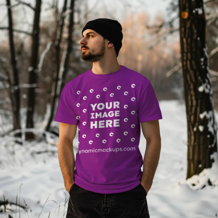 Man Wearing Purple T-shirt Mockup Front View Template