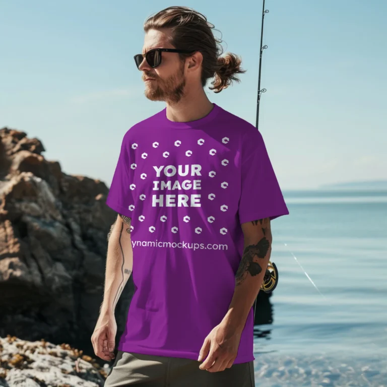 Man Wearing Purple T-shirt Mockup Front View Template