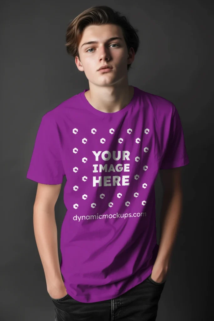 Man Wearing Purple T-shirt Mockup Front View Template