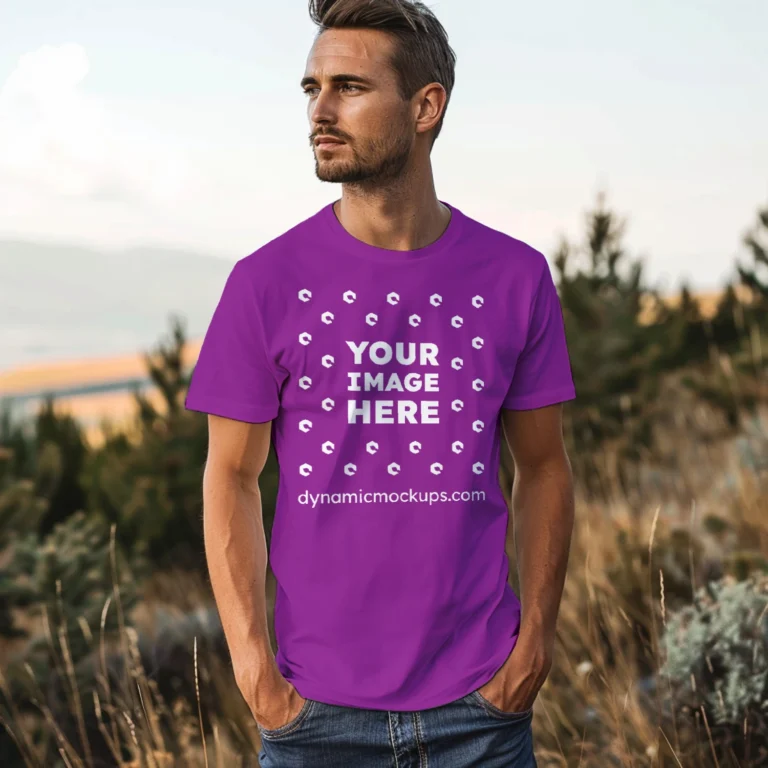 Man Wearing Purple T-shirt Mockup Front View Template