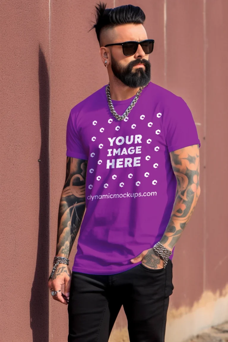 Man Wearing Purple T-shirt Mockup Front View Template